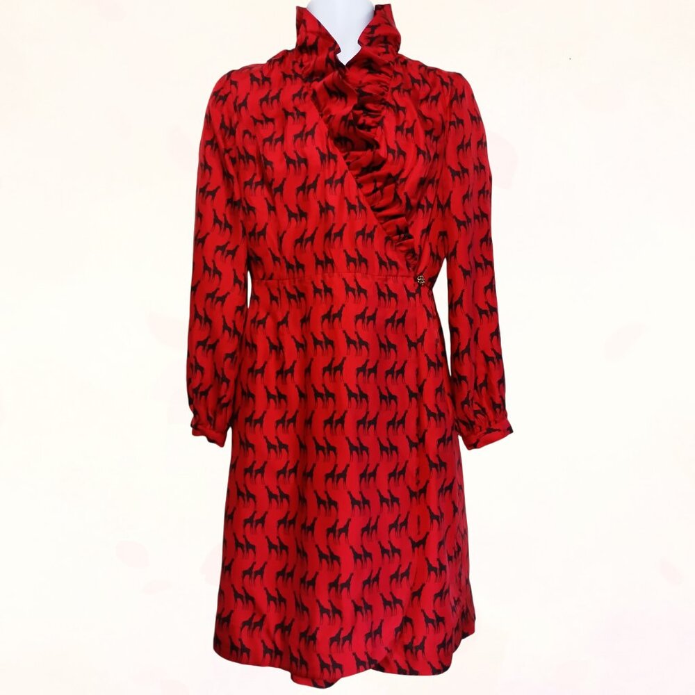 Elizabeth McKay Red Colored Black Giraffe Print Long-sleeve Wrap-around Dress S4